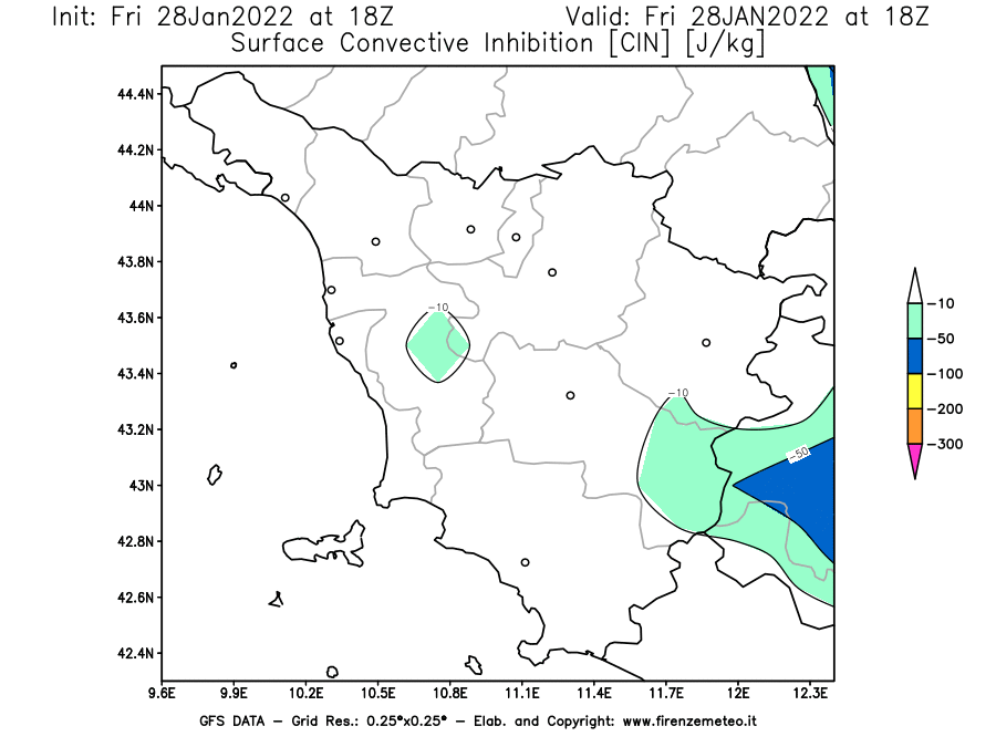 Mappa di analisi GFS - CIN [J/kg] in Toscana
							del 28/01/2022 18 <!--googleoff: index-->UTC<!--googleon: index-->