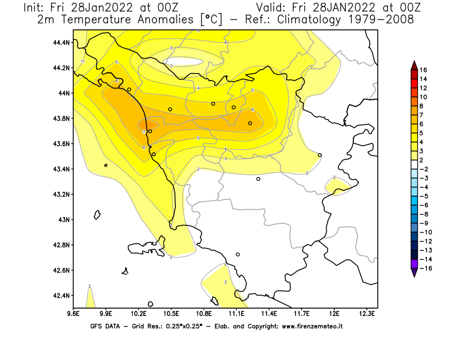 Mappa di analisi GFS - Anomalia Temperatura [°C] a 2 m in Toscana
							del 28/01/2022 00 <!--googleoff: index-->UTC<!--googleon: index-->