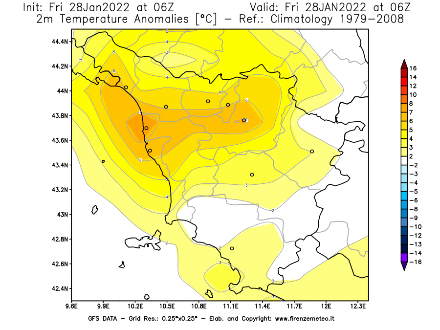 Mappa di analisi GFS - Anomalia Temperatura [°C] a 2 m in Toscana
							del 28/01/2022 06 <!--googleoff: index-->UTC<!--googleon: index-->