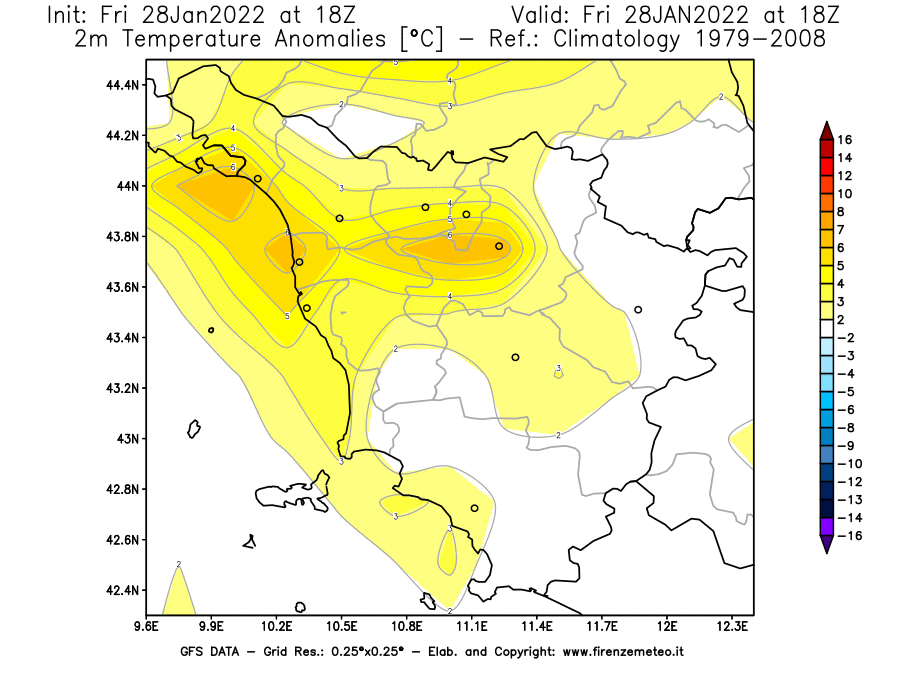 Mappa di analisi GFS - Anomalia Temperatura [°C] a 2 m in Toscana
							del 28/01/2022 18 <!--googleoff: index-->UTC<!--googleon: index-->