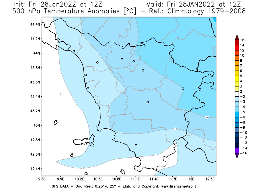 Mappa di analisi GFS - Anomalia Temperatura [°C] a 500 hPa in Toscana
							del 28/01/2022 12 <!--googleoff: index-->UTC<!--googleon: index-->