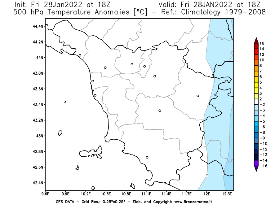 Mappa di analisi GFS - Anomalia Temperatura [°C] a 500 hPa in Toscana
							del 28/01/2022 18 <!--googleoff: index-->UTC<!--googleon: index-->