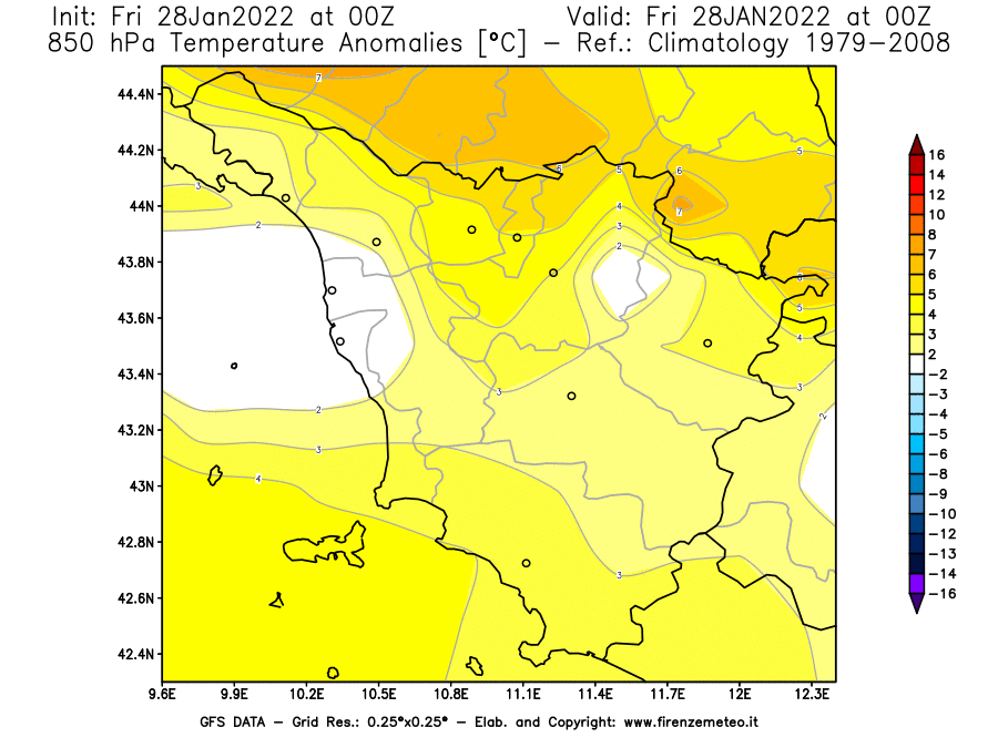 Mappa di analisi GFS - Anomalia Temperatura [°C] a 850 hPa in Toscana
							del 28/01/2022 00 <!--googleoff: index-->UTC<!--googleon: index-->