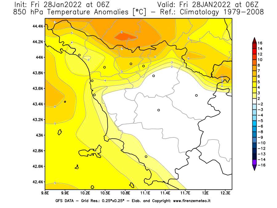 Mappa di analisi GFS - Anomalia Temperatura [°C] a 850 hPa in Toscana
							del 28/01/2022 06 <!--googleoff: index-->UTC<!--googleon: index-->