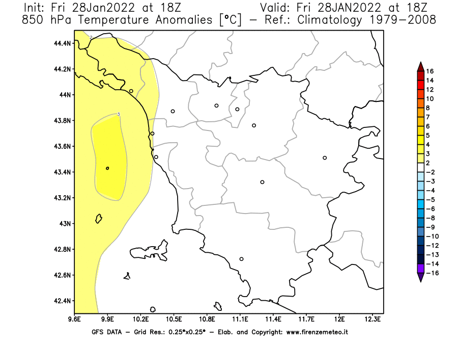 Mappa di analisi GFS - Anomalia Temperatura [°C] a 850 hPa in Toscana
							del 28/01/2022 18 <!--googleoff: index-->UTC<!--googleon: index-->