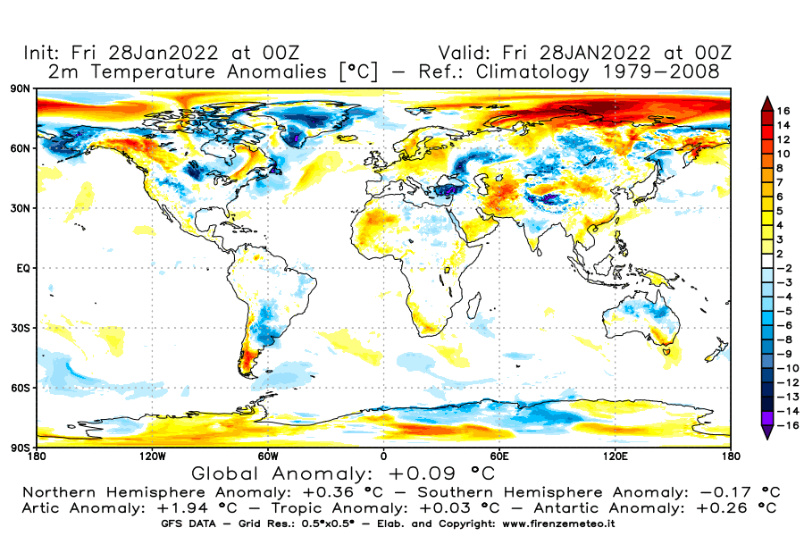 Mappa di analisi GFS - Anomalia Temperatura [°C] a 2 m in World
							del 28/01/2022 00 <!--googleoff: index-->UTC<!--googleon: index-->