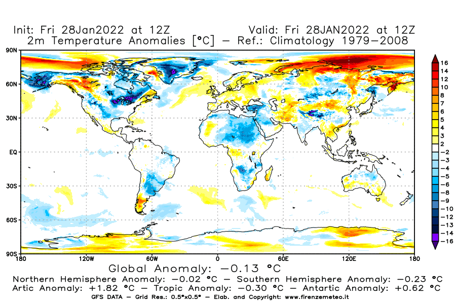 Mappa di analisi GFS - Anomalia Temperatura [°C] a 2 m in World
							del 28/01/2022 12 <!--googleoff: index-->UTC<!--googleon: index-->