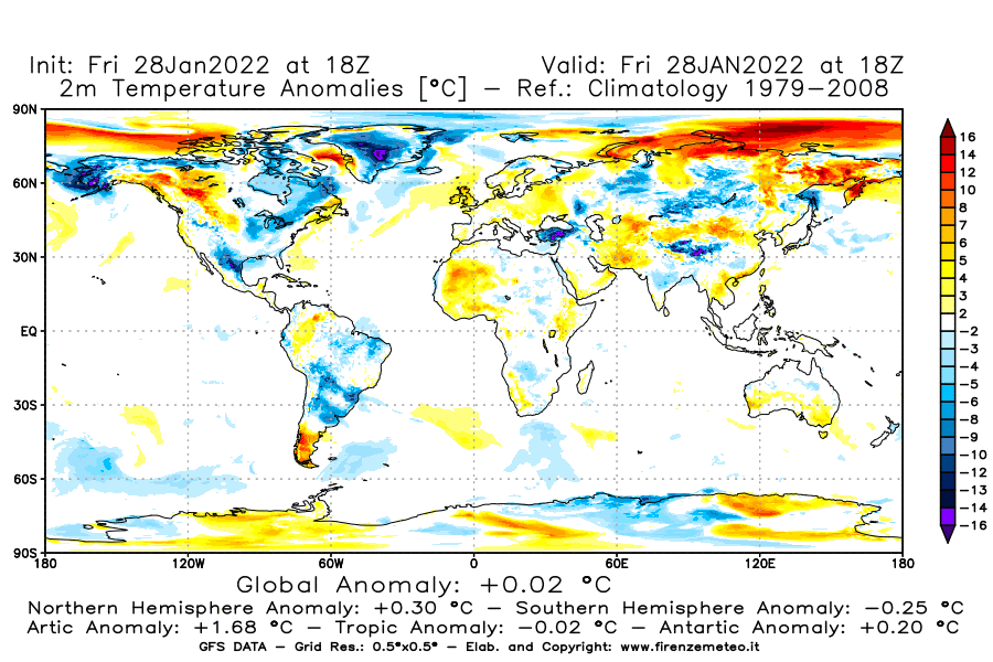 Mappa di analisi GFS - Anomalia Temperatura [°C] a 2 m in World
							del 28/01/2022 18 <!--googleoff: index-->UTC<!--googleon: index-->