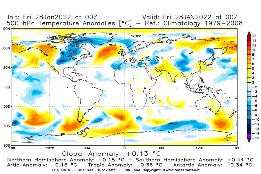 Mappa di analisi GFS - Anomalia Temperatura [°C] a 500 hPa in World
							del 28/01/2022 00 <!--googleoff: index-->UTC<!--googleon: index-->