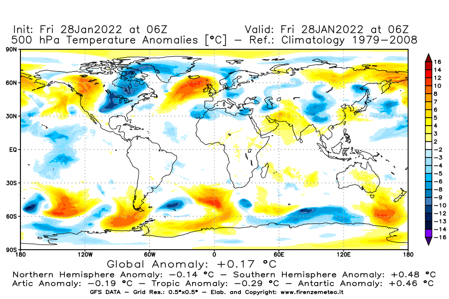 Mappa di analisi GFS - Anomalia Temperatura [°C] a 500 hPa in World
							del 28/01/2022 06 <!--googleoff: index-->UTC<!--googleon: index-->