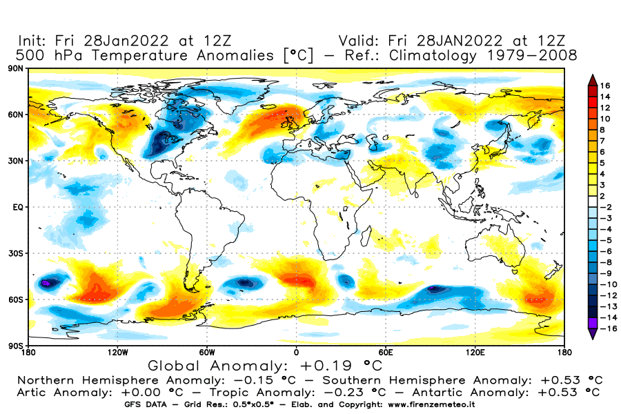 Mappa di analisi GFS - Anomalia Temperatura [°C] a 500 hPa in World
							del 28/01/2022 12 <!--googleoff: index-->UTC<!--googleon: index-->