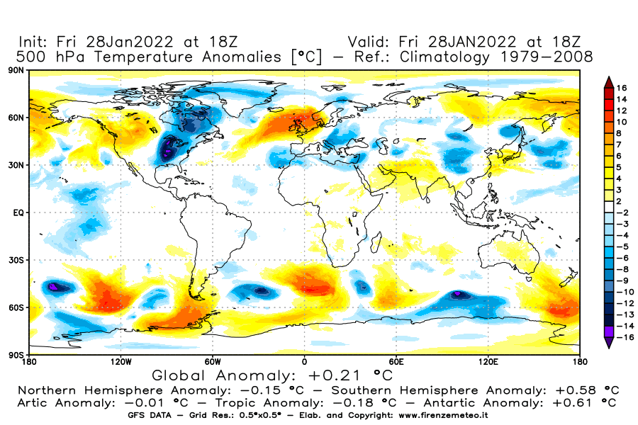 Mappa di analisi GFS - Anomalia Temperatura [°C] a 500 hPa in World
							del 28/01/2022 18 <!--googleoff: index-->UTC<!--googleon: index-->