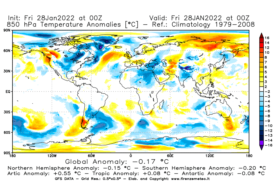 Mappa di analisi GFS - Anomalia Temperatura [°C] a 850 hPa in World
							del 28/01/2022 00 <!--googleoff: index-->UTC<!--googleon: index-->