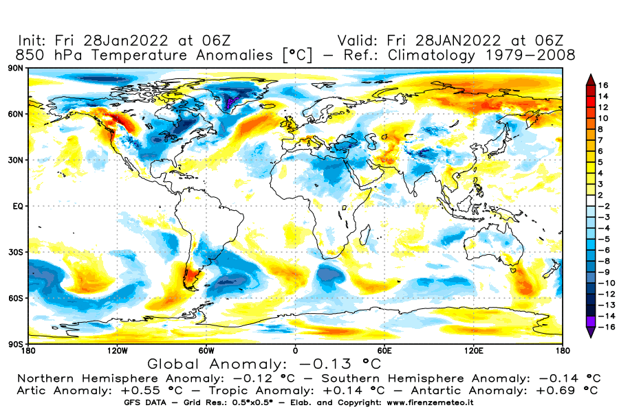 Mappa di analisi GFS - Anomalia Temperatura [°C] a 850 hPa in World
							del 28/01/2022 06 <!--googleoff: index-->UTC<!--googleon: index-->