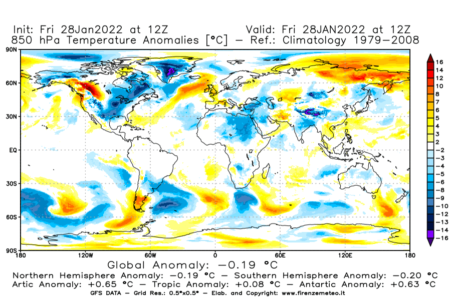 Mappa di analisi GFS - Anomalia Temperatura [°C] a 850 hPa in World
							del 28/01/2022 12 <!--googleoff: index-->UTC<!--googleon: index-->