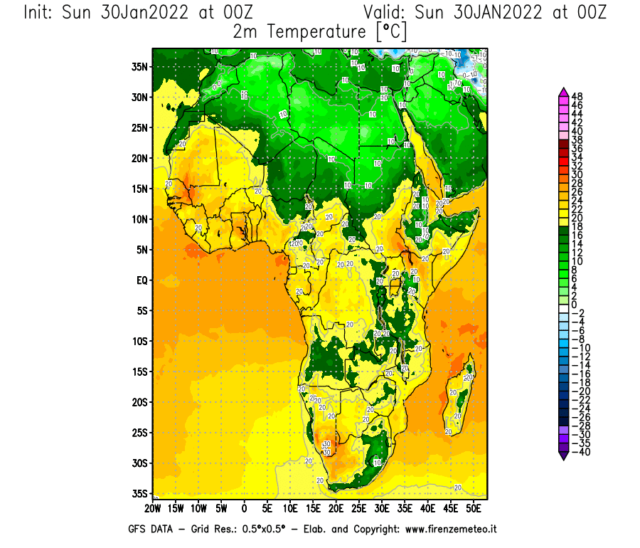 Mappa di analisi GFS - Temperatura a 2 metri dal suolo [°C] in Africa
							del 30/01/2022 00 <!--googleoff: index-->UTC<!--googleon: index-->