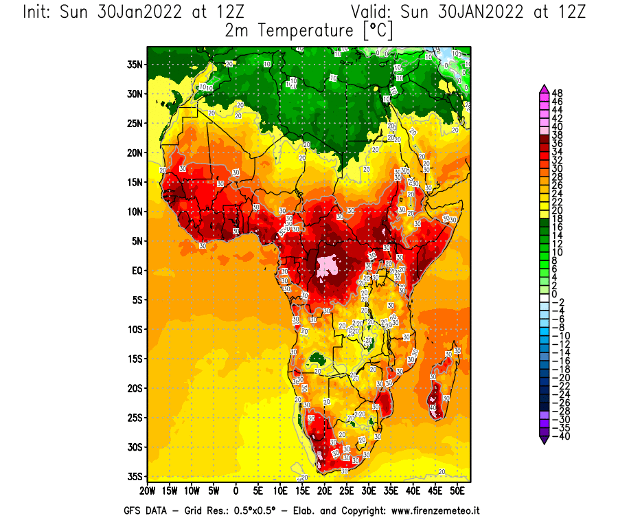 Mappa di analisi GFS - Temperatura a 2 metri dal suolo [°C] in Africa
							del 30/01/2022 12 <!--googleoff: index-->UTC<!--googleon: index-->