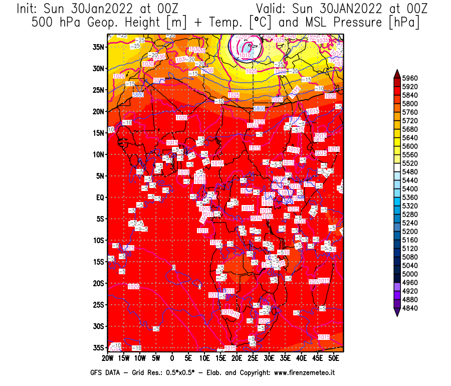 Mappa di analisi GFS - Geopotenziale [m] + Temp. [°C] a 500 hPa + Press. a livello del mare [hPa] in Africa
							del 30/01/2022 00 <!--googleoff: index-->UTC<!--googleon: index-->