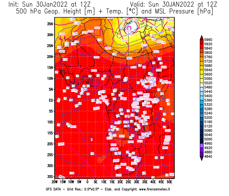 Mappa di analisi GFS - Geopotenziale [m] + Temp. [°C] a 500 hPa + Press. a livello del mare [hPa] in Africa
							del 30/01/2022 12 <!--googleoff: index-->UTC<!--googleon: index-->