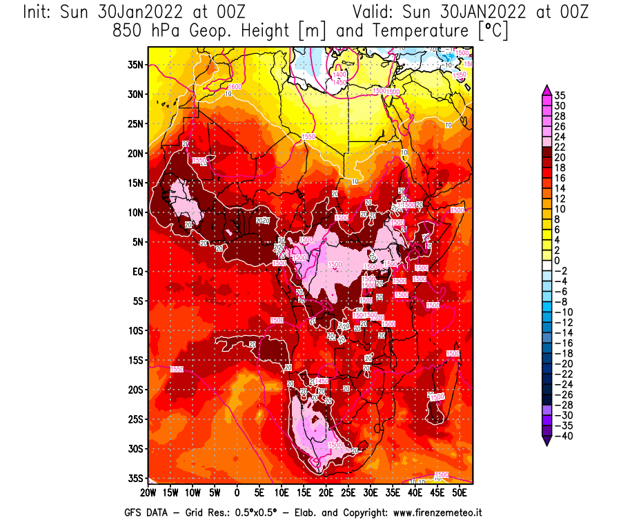 Mappa di analisi GFS - Geopotenziale [m] e Temperatura [°C] a 850 hPa in Africa
							del 30/01/2022 00 <!--googleoff: index-->UTC<!--googleon: index-->
