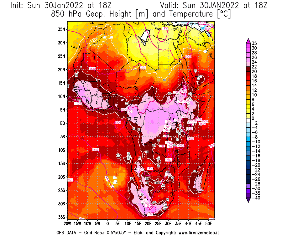 Mappa di analisi GFS - Geopotenziale [m] e Temperatura [°C] a 850 hPa in Africa
							del 30/01/2022 18 <!--googleoff: index-->UTC<!--googleon: index-->
