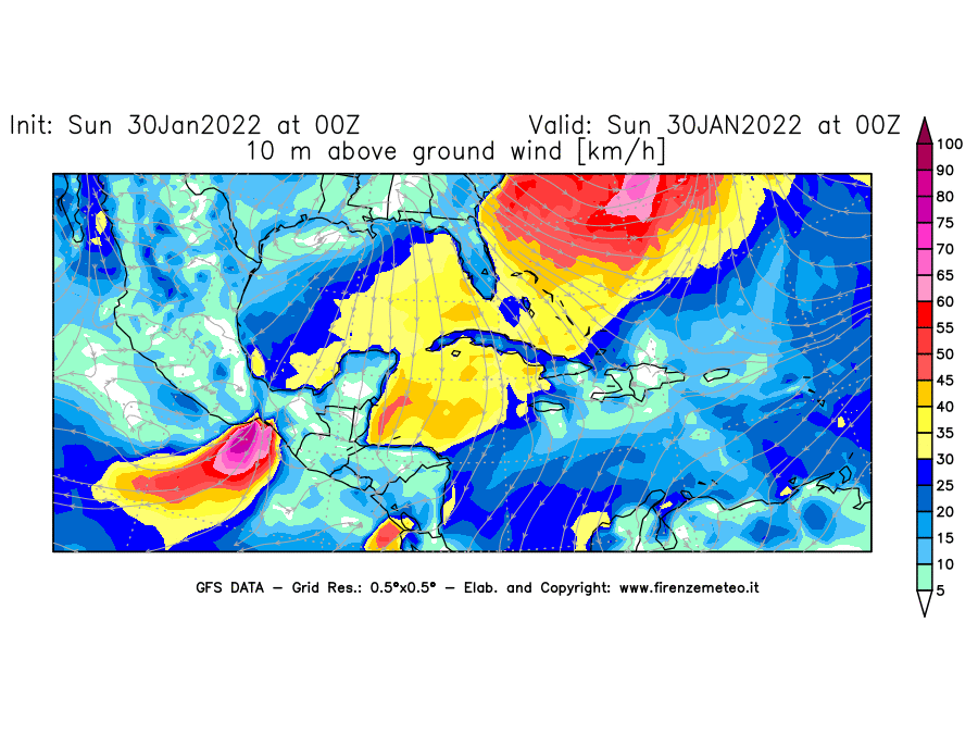Mappa di analisi GFS - Velocità del vento a 10 metri dal suolo [km/h] in Centro-America
							del 30/01/2022 00 <!--googleoff: index-->UTC<!--googleon: index-->