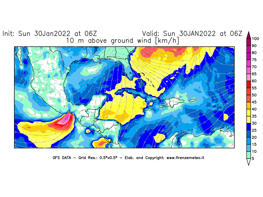 Mappa di analisi GFS - Velocità del vento a 10 metri dal suolo [km/h] in Centro-America
							del 30/01/2022 06 <!--googleoff: index-->UTC<!--googleon: index-->