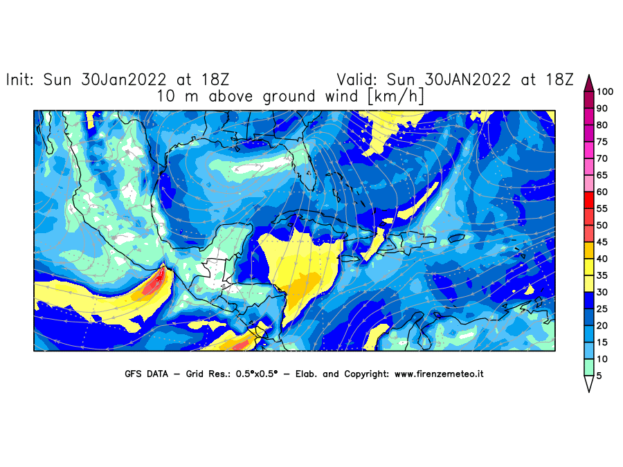Mappa di analisi GFS - Velocità del vento a 10 metri dal suolo [km/h] in Centro-America
							del 30/01/2022 18 <!--googleoff: index-->UTC<!--googleon: index-->