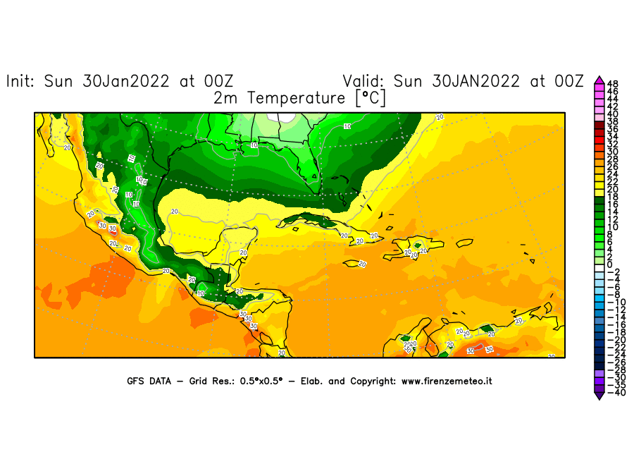 Mappa di analisi GFS - Temperatura a 2 metri dal suolo [°C] in Centro-America
							del 30/01/2022 00 <!--googleoff: index-->UTC<!--googleon: index-->