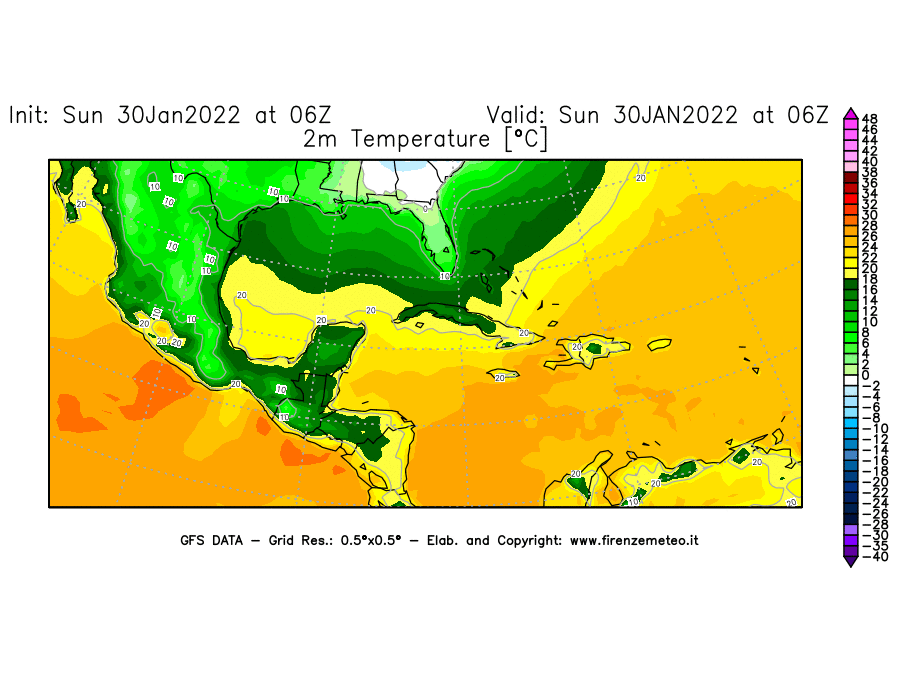 Mappa di analisi GFS - Temperatura a 2 metri dal suolo [°C] in Centro-America
							del 30/01/2022 06 <!--googleoff: index-->UTC<!--googleon: index-->