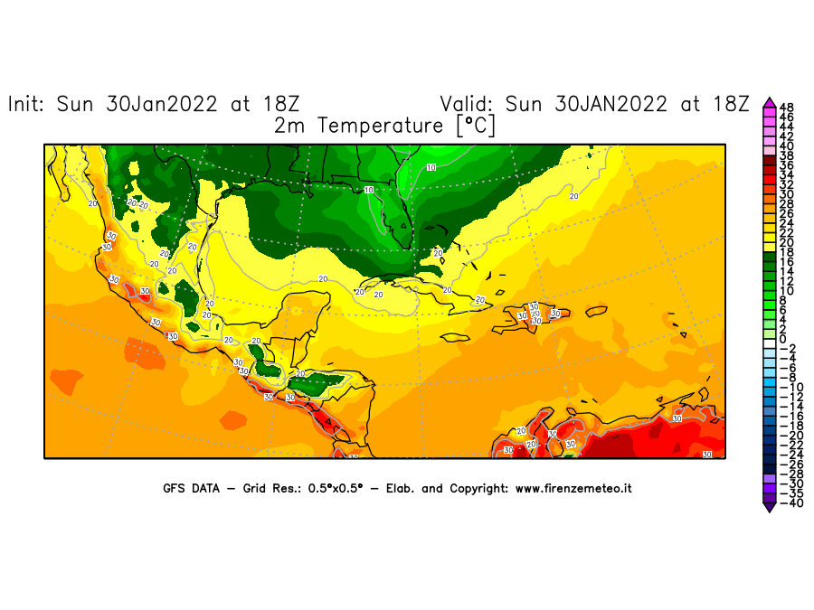 Mappa di analisi GFS - Temperatura a 2 metri dal suolo [°C] in Centro-America
							del 30/01/2022 18 <!--googleoff: index-->UTC<!--googleon: index-->