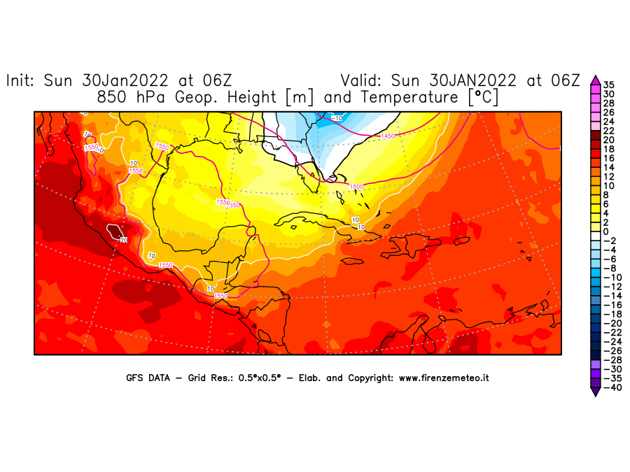 Mappa di analisi GFS - Geopotenziale [m] e Temperatura [°C] a 850 hPa in Centro-America
							del 30/01/2022 06 <!--googleoff: index-->UTC<!--googleon: index-->