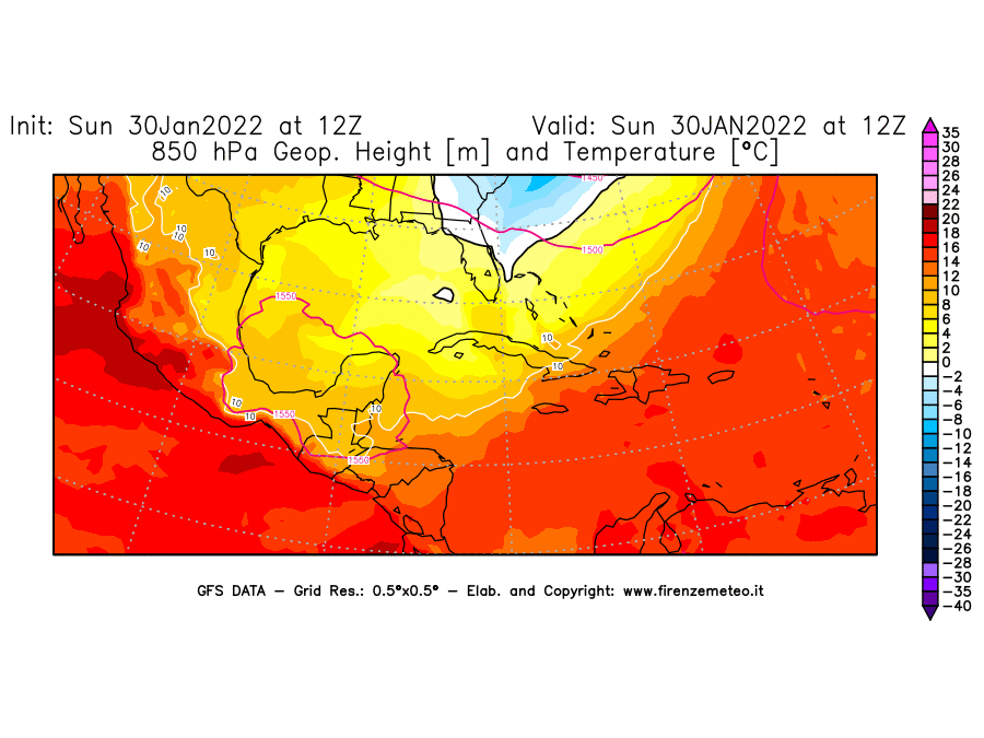 Mappa di analisi GFS - Geopotenziale [m] e Temperatura [°C] a 850 hPa in Centro-America
							del 30/01/2022 12 <!--googleoff: index-->UTC<!--googleon: index-->