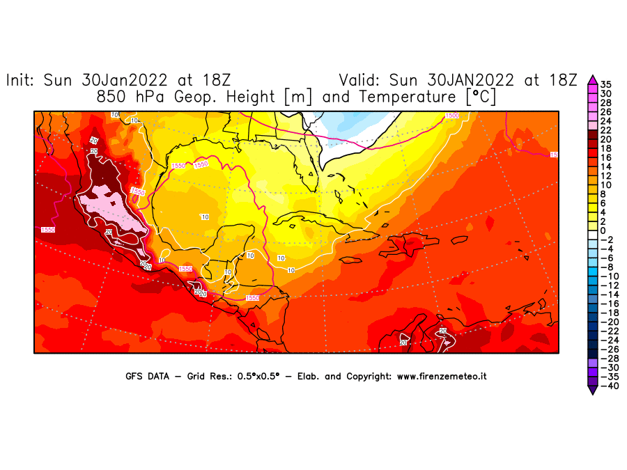 Mappa di analisi GFS - Geopotenziale [m] e Temperatura [°C] a 850 hPa in Centro-America
							del 30/01/2022 18 <!--googleoff: index-->UTC<!--googleon: index-->