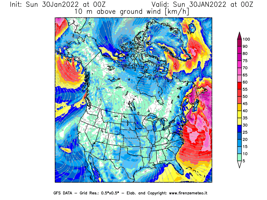 Mappa di analisi GFS - Velocità del vento a 10 metri dal suolo [km/h] in Nord-America
							del 30/01/2022 00 <!--googleoff: index-->UTC<!--googleon: index-->