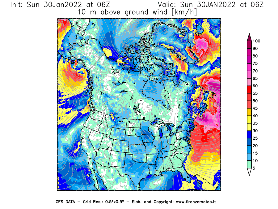 Mappa di analisi GFS - Velocità del vento a 10 metri dal suolo [km/h] in Nord-America
							del 30/01/2022 06 <!--googleoff: index-->UTC<!--googleon: index-->