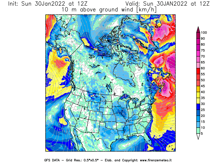 Mappa di analisi GFS - Velocità del vento a 10 metri dal suolo [km/h] in Nord-America
							del 30/01/2022 12 <!--googleoff: index-->UTC<!--googleon: index-->