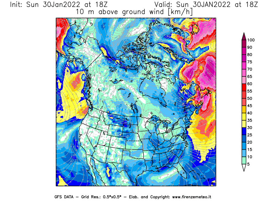 Mappa di analisi GFS - Velocità del vento a 10 metri dal suolo [km/h] in Nord-America
							del 30/01/2022 18 <!--googleoff: index-->UTC<!--googleon: index-->