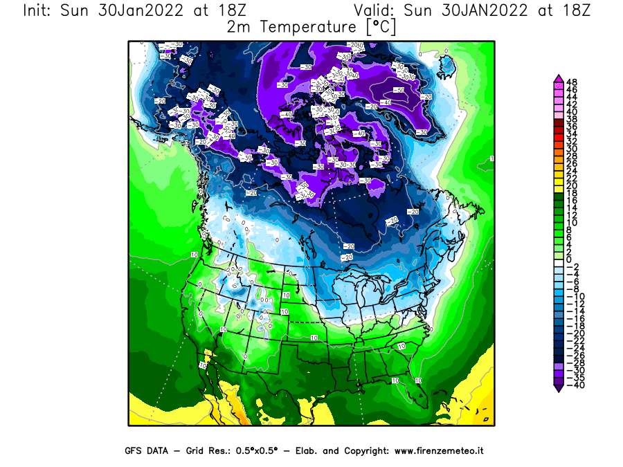 Mappa di analisi GFS - Temperatura a 2 metri dal suolo [°C] in Nord-America
							del 30/01/2022 18 <!--googleoff: index-->UTC<!--googleon: index-->
