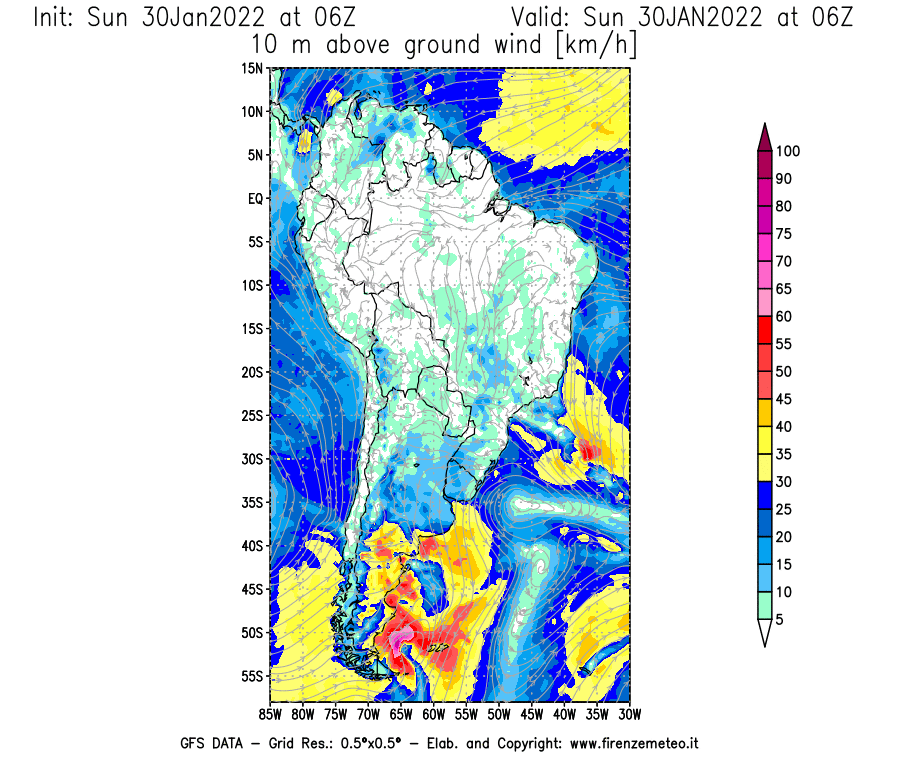 Mappa di analisi GFS - Velocità del vento a 10 metri dal suolo [km/h] in Sud-America
							del 30/01/2022 06 <!--googleoff: index-->UTC<!--googleon: index-->