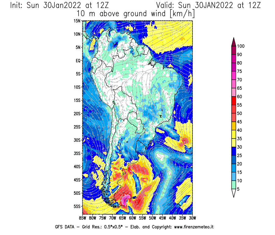 Mappa di analisi GFS - Velocità del vento a 10 metri dal suolo [km/h] in Sud-America
							del 30/01/2022 12 <!--googleoff: index-->UTC<!--googleon: index-->