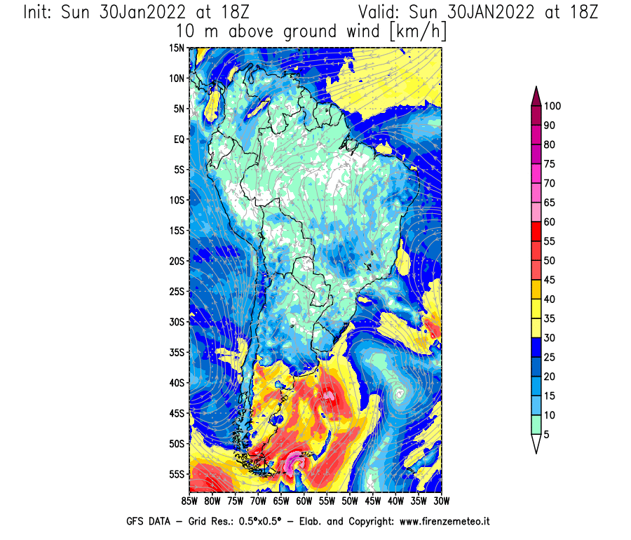 Mappa di analisi GFS - Velocità del vento a 10 metri dal suolo [km/h] in Sud-America
							del 30/01/2022 18 <!--googleoff: index-->UTC<!--googleon: index-->