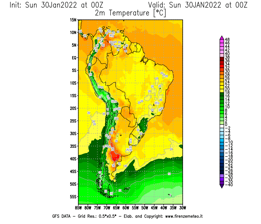 Mappa di analisi GFS - Temperatura a 2 metri dal suolo [°C] in Sud-America
							del 30/01/2022 00 <!--googleoff: index-->UTC<!--googleon: index-->