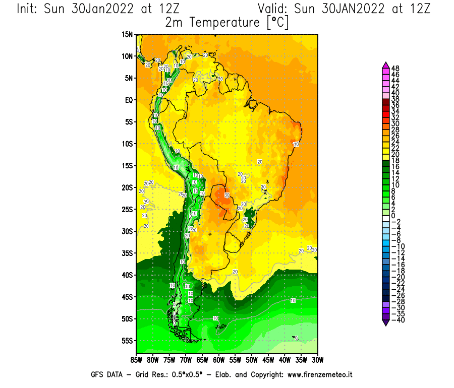 Mappa di analisi GFS - Temperatura a 2 metri dal suolo [°C] in Sud-America
							del 30/01/2022 12 <!--googleoff: index-->UTC<!--googleon: index-->