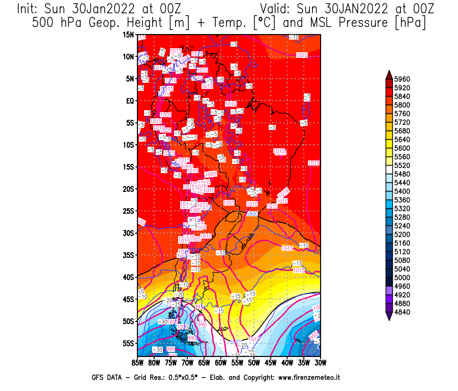 Mappa di analisi GFS - Geopotenziale [m] + Temp. [°C] a 500 hPa + Press. a livello del mare [hPa] in Sud-America
							del 30/01/2022 00 <!--googleoff: index-->UTC<!--googleon: index-->