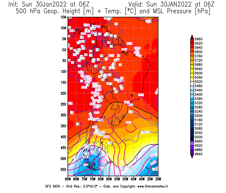 Mappa di analisi GFS - Geopotenziale [m] + Temp. [°C] a 500 hPa + Press. a livello del mare [hPa] in Sud-America
							del 30/01/2022 06 <!--googleoff: index-->UTC<!--googleon: index-->