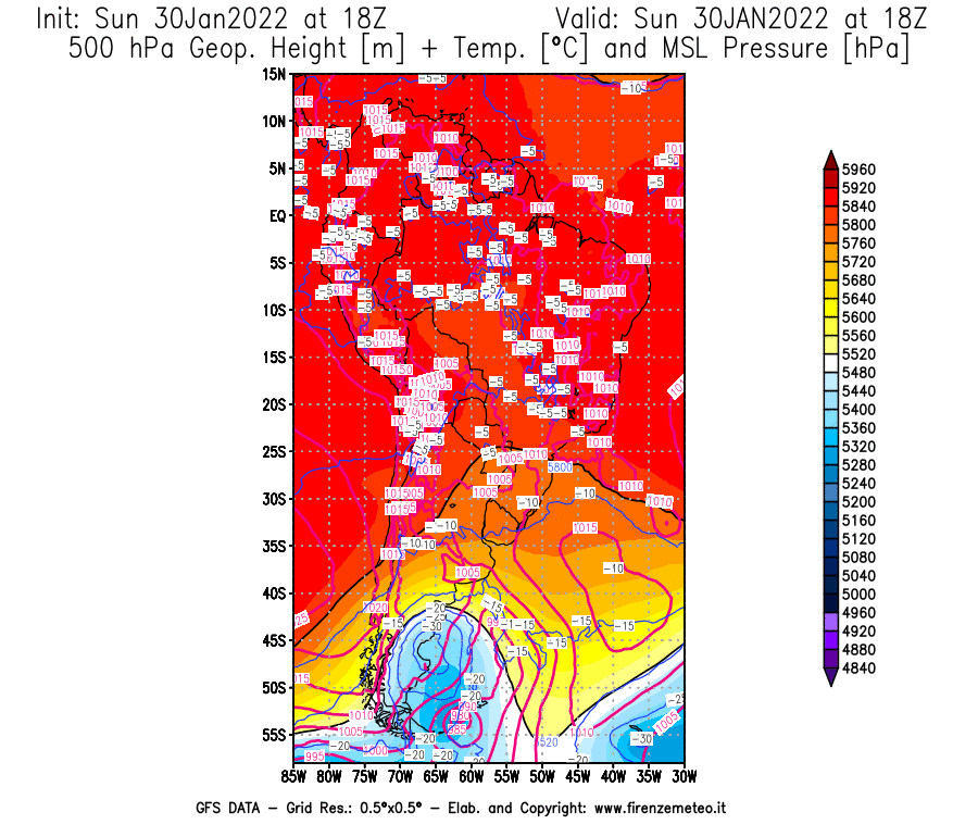 Mappa di analisi GFS - Geopotenziale [m] + Temp. [°C] a 500 hPa + Press. a livello del mare [hPa] in Sud-America
							del 30/01/2022 18 <!--googleoff: index-->UTC<!--googleon: index-->