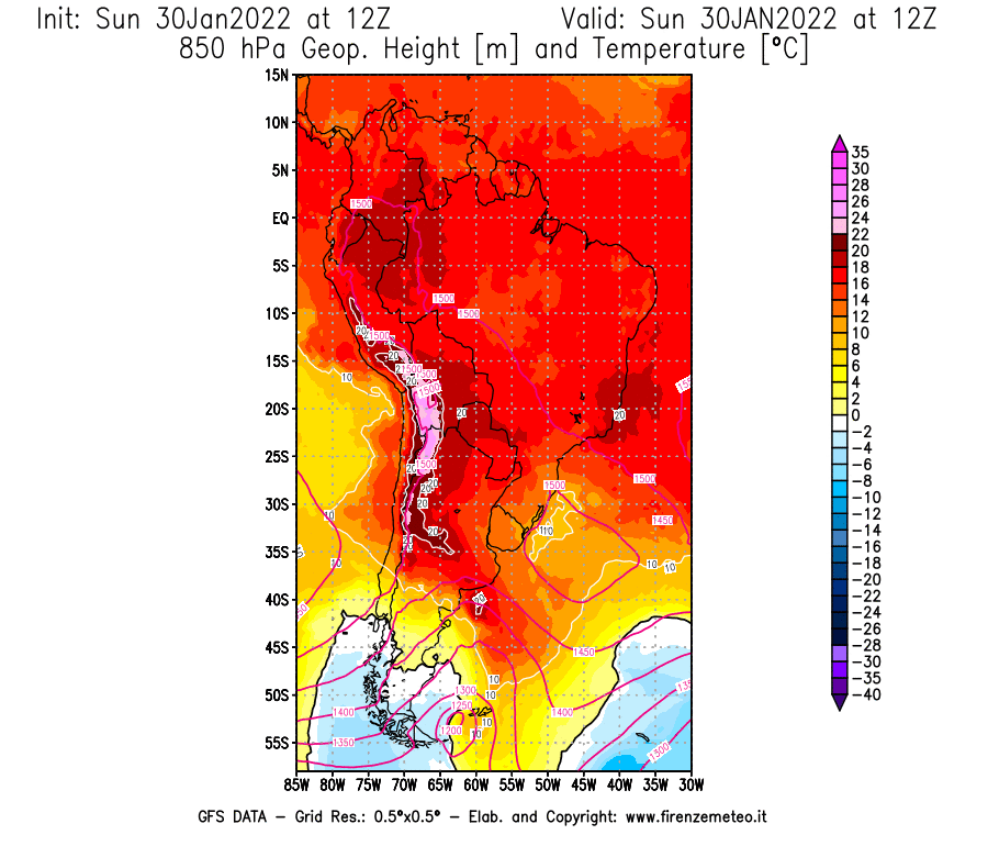 Mappa di analisi GFS - Geopotenziale [m] e Temperatura [°C] a 850 hPa in Sud-America
							del 30/01/2022 12 <!--googleoff: index-->UTC<!--googleon: index-->