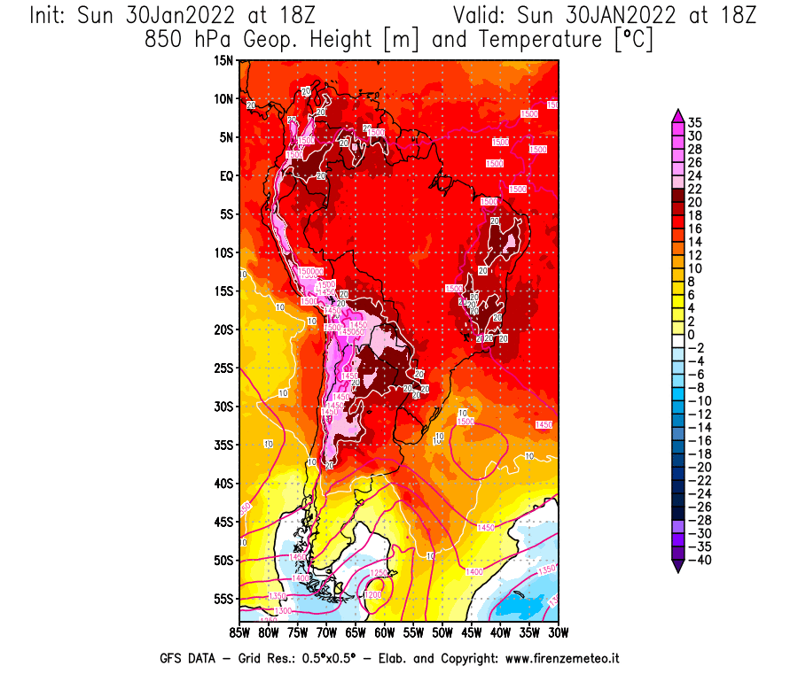 Mappa di analisi GFS - Geopotenziale [m] e Temperatura [°C] a 850 hPa in Sud-America
							del 30/01/2022 18 <!--googleoff: index-->UTC<!--googleon: index-->