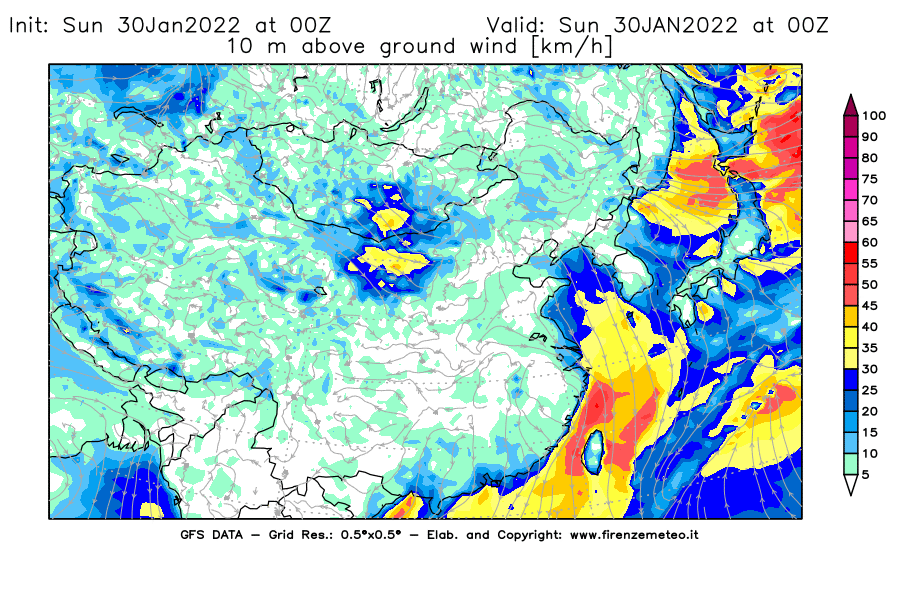 Mappa di analisi GFS - Velocità del vento a 10 metri dal suolo [km/h] in Asia Orientale
							del 30/01/2022 00 <!--googleoff: index-->UTC<!--googleon: index-->